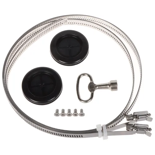 The image shows a set of metal hose clamps, two black rubber caps, a metal key, and five small screws. These components are likely used for securing and sealing connections in plumbing or mechanical applications.