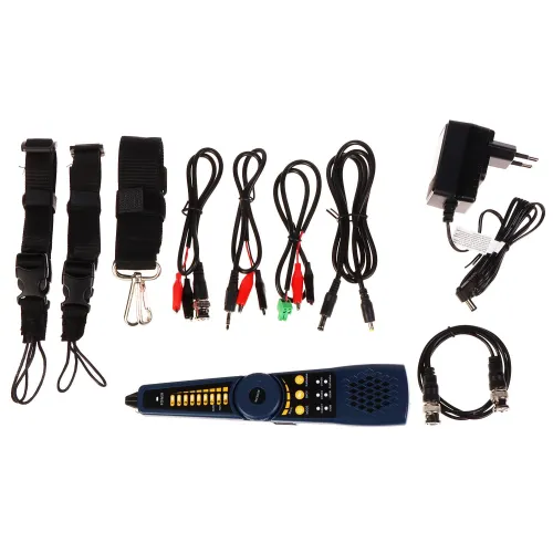 The image shows a comprehensive cable testing kit, including a tone generator and probe, various connector cables, and a power adapter. The kit also features adjustable straps and additional accessories for versatile connectivity and testing applications.