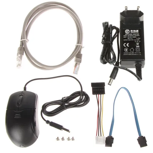 The image shows a set of electronic accessories including a black wired computer mouse, a power adapter, a gray Ethernet cable, and various connecting cables with screws. These components are arranged neatly on a white background, highlighting their individual features and connectors.