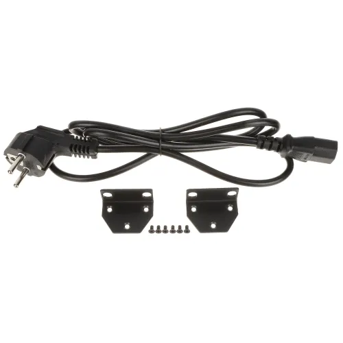 A black power cable with a European plug is coiled alongside two metal mounting brackets and six small screws. The set is designed for secure installation and connection of electronic devices.