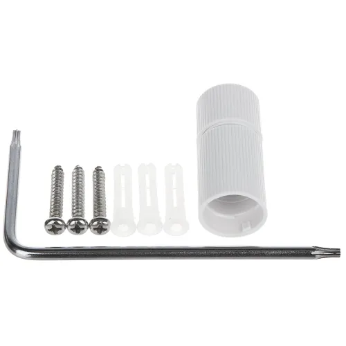 The image shows a set of hardware components including four screws, four wall anchors, a white cylindrical connector, and an L-shaped hex key. These items are arranged neatly on a white background, highlighting their use for assembly or installation purposes.
