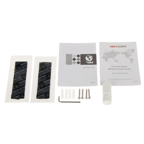 The image shows a set of accessories for a thermal and optical network turret camera, including waterproof tape, screws, wall anchors, an Allen key, and a tube of sealant. Also included are quick start guides for easy installation and setup.