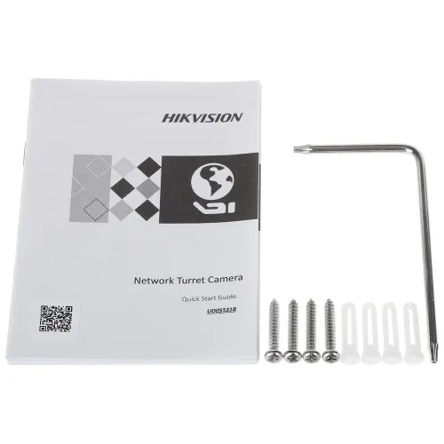 The image shows a Hikvision Network Turret Camera quick start guide alongside an Allen wrench, screws, and wall anchors. These components are essential for the installation and setup of the camera system.