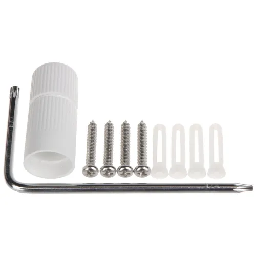 The image shows a set of hardware components including a white plastic wall anchor, four metal screws, four plastic wall plugs, and an L-shaped hex key. These items are arranged neatly on a white background, highlighting their use for mounting or installation purposes.