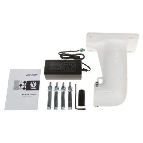 The image shows a Hikvision network camera accessory kit, including a sturdy white mounting bracket, power adapter, and installation hardware. Also included are an Allen wrench, user guide, and additional connectors for setup.