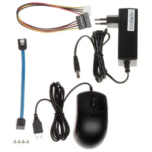 The image shows a computer mouse with a USB connection, accompanied by a power adapter and various cables. The set includes a power cable with a European plug, a blue SATA cable, and additional connectors.