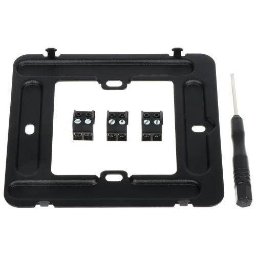 A black mounting frame is displayed alongside three terminal blocks and a small screwdriver. The components are arranged neatly, showcasing the complete set for electrical installation.