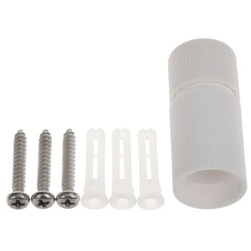 The image shows a white cylindrical plastic wall mount bracket alongside three metal screws and three plastic wall anchors. The bracket features a ribbed texture for grip, and the screws and anchors are designed for secure installation.