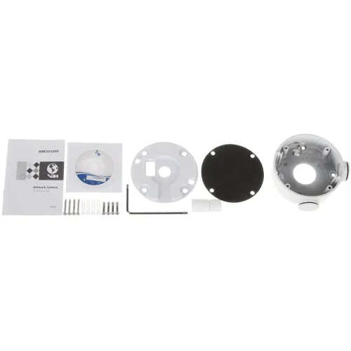 The image shows a Hikvision network camera mounting kit, including a mounting bracket, screws, an Allen wrench, and installation instructions. The components are neatly arranged, highlighting the essential parts needed for secure camera installation.