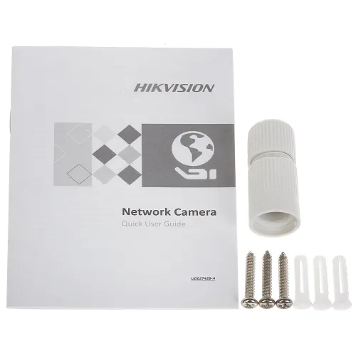 The image shows a Hikvision network camera quick user guide alongside a white cable connector. Also included are three screws and three wall plugs for installation.