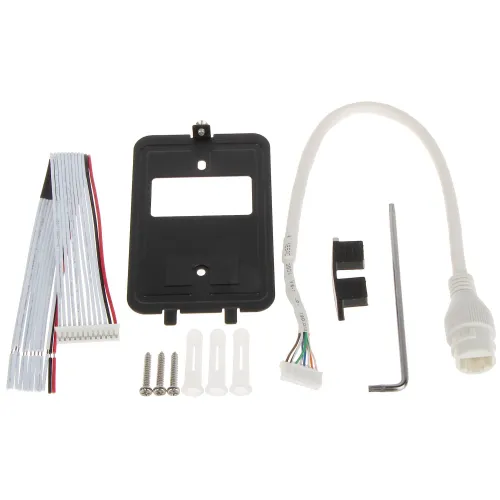 The image shows a set of electronic components including a black mounting plate, a flexible cable with a white connector, and various screws and fasteners. Additional items include a set of ribbon cables and a small hex key for installation.