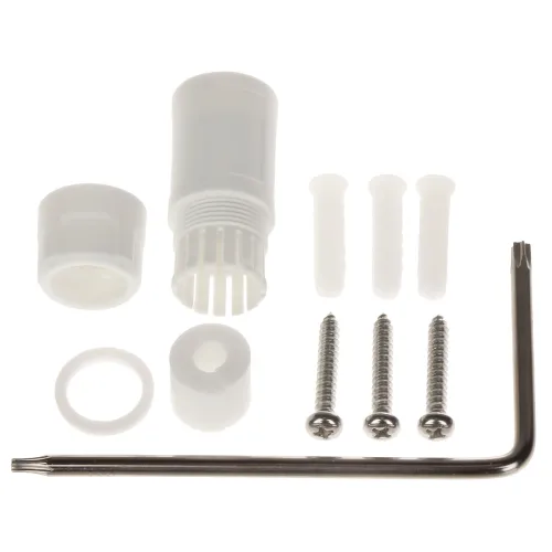 The image shows a set of white plastic wall anchors, screws, and a hex key, designed for secure mounting. The kit includes various components such as a cylindrical holder with slotted openings and additional fittings for versatile installation.