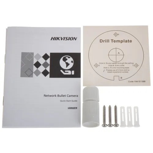 The image shows a Hikvision network bullet camera quick start guide, accompanied by a drill template, screws, wall anchors, and a cable gland. These components are essential for the installation and setup of the camera system.