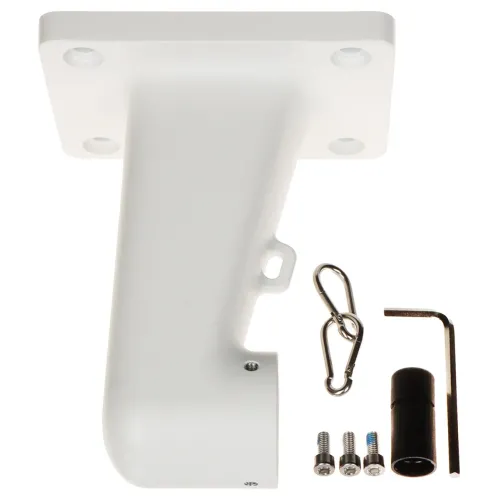 The image shows a white, L-shaped wall mount bracket designed for security cameras, featuring a sturdy base with four screw holes for secure installation. Included with the bracket are three screws, a carabiner clip, an Allen wrench, and a small cylindrical component for assembly.