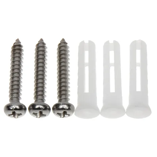 Four silver screws with Phillips heads are paired with four white plastic wall anchors. The set is designed for secure mounting on various surfaces.