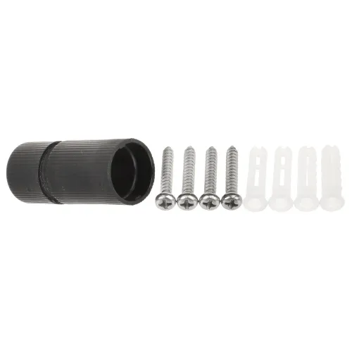 The image shows a black cylindrical connector alongside four silver screws and four white plastic wall anchors. This set is designed for secure mounting and installation purposes.