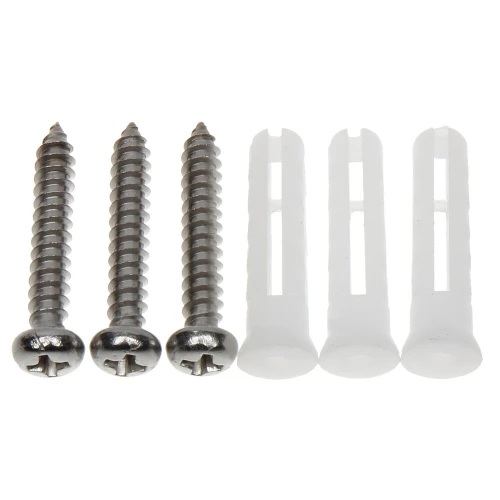 Four silver screws with Phillips heads are aligned next to four white plastic wall plugs. The screws and plugs are designed for secure mounting in various surfaces.