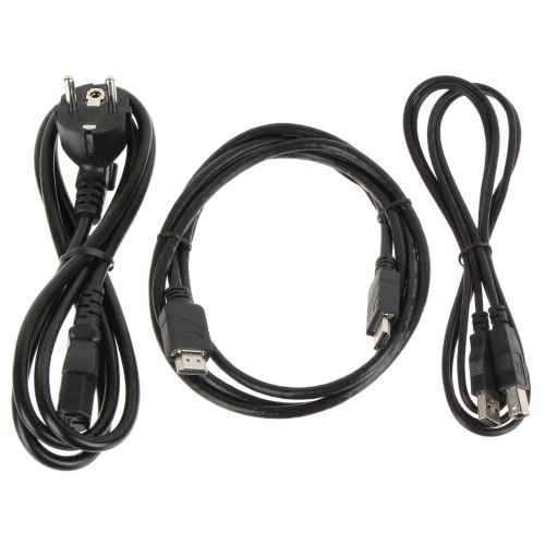 The image shows a set of three black cables, including a power cable with a European plug, an HDMI cable, and a USB cable. Each cable is neatly coiled, highlighting their connectors and durable construction.