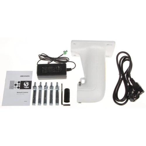 The image shows a network camera mounting kit, including a white wall mount bracket, power adapter, screws, and installation tools. A user manual is also included, providing guidance for setup and installation.