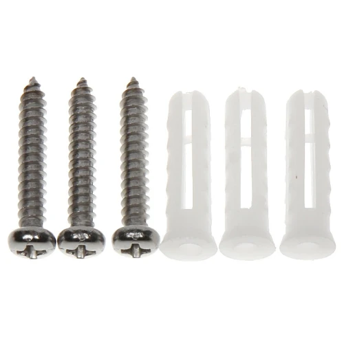 Four silver screws are paired with four white plastic wall plugs. The screws have a Phillips head design, and the wall plugs are designed for secure mounting.