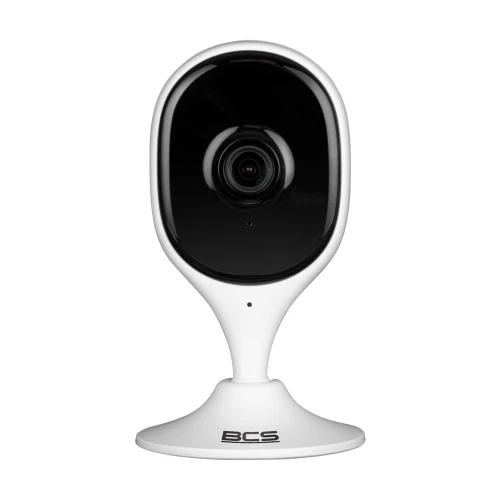 A sleek, modern indoor Wi-Fi camera with a 5 MP resolution, featuring a black lens area and a white, sturdy base. The camera is designed for easy placement on flat surfaces, providing high-quality surveillance for home or office environments.