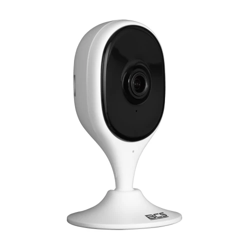 A sleek, modern indoor Wi-Fi camera with a 5 MP lens, featuring a compact white and black design. The camera is mounted on a sturdy base, ideal for discreet home surveillance.
