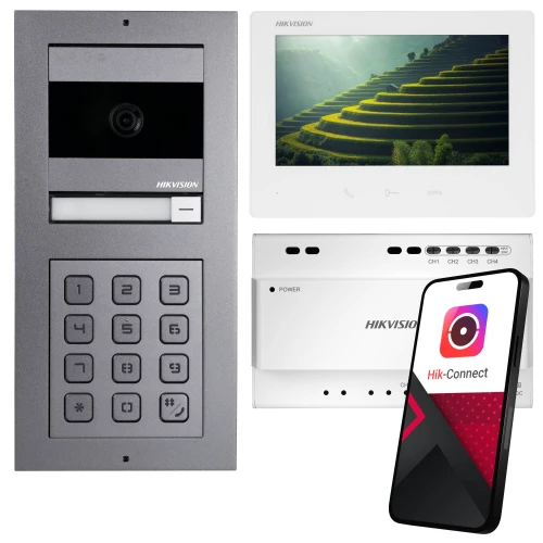 The image shows a Hikvision video intercom system, featuring a sleek metallic outdoor unit with a keypad and camera, a modern indoor monitor with a vivid display, and a smartphone displaying the Hik-Connect app. This setup offers advanced security and convenient remote access for home or office entry management.