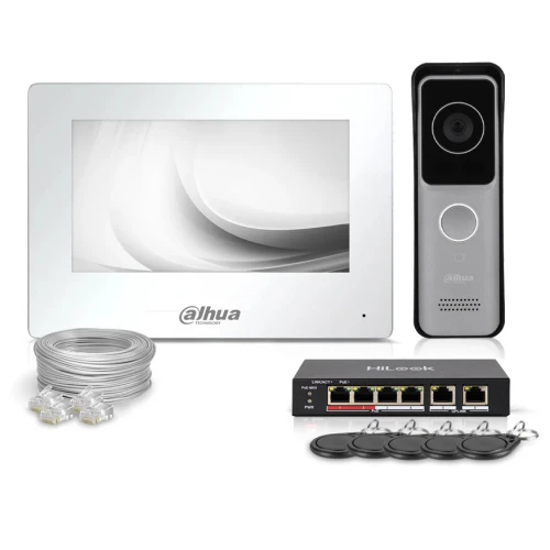 The image shows a Dahua IP video intercom system, featuring a sleek touchscreen monitor and a modern doorbell camera. Included are connection cables, a network switch, and key fobs for secure access control.