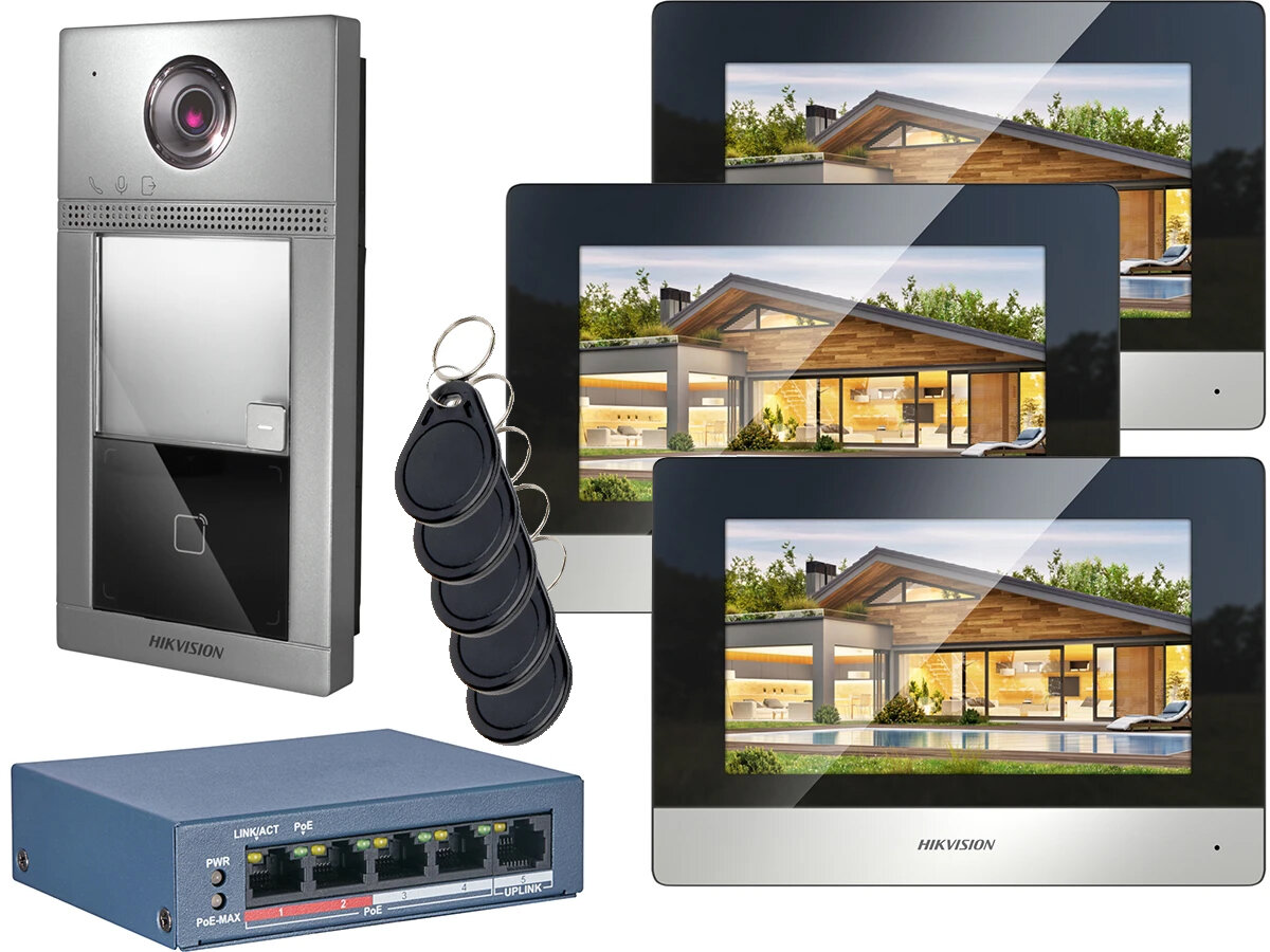 IP Video Intercom DS-KIS604-S with three monitors and a panel with