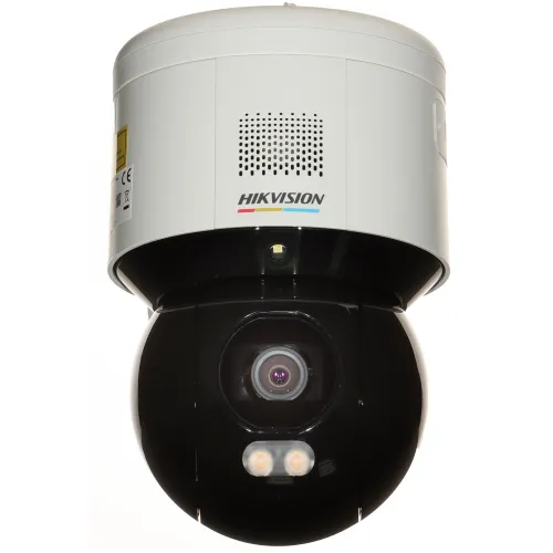 A Hikvision dome security camera with a sleek black and white design is shown from a bottom view. The camera features a prominent lens and built-in LED lights for enhanced surveillance capabilities.