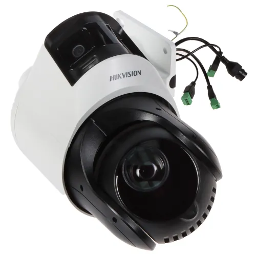 A white and black security camera with a dome design is shown, featuring multiple connection cables. The camera is branded with "Hikvision" and is designed for versatile surveillance applications.