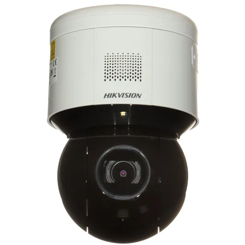 A white and black dome security camera with a sleek design, featuring a prominent lens for wide-angle surveillance. The camera is branded with the Hikvision logo, indicating high-quality video monitoring capabilities.