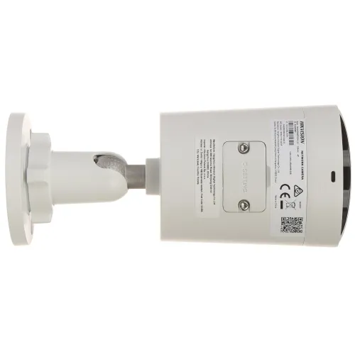 The image shows a white security camera with a cylindrical body and a mounting bracket, designed for outdoor surveillance. The camera features adjustment screws and a QR code on its side for easy installation and configuration.