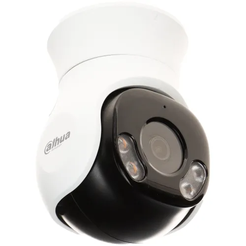 A sleek, white and black security camera with a dome shape and multiple LED lights is designed for ceiling mounting. The camera features the Dahua logo and offers advanced surveillance capabilities.