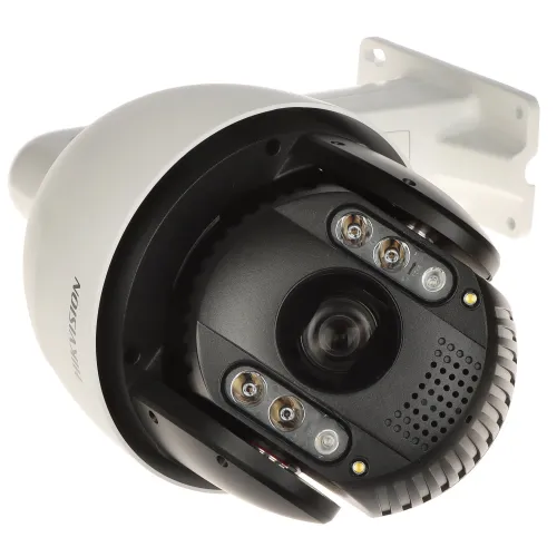 A white, dome-shaped security camera with multiple lenses and LED lights is mounted on a sturdy bracket. The camera is designed for outdoor surveillance, offering a wide field of view and enhanced night vision capabilities.