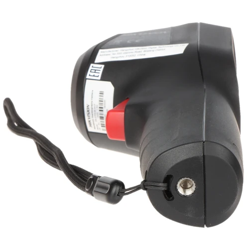 A black handheld device with a textured grip and a red button, featuring a wrist strap for secure handling. The bottom view shows a metal connector port, likely for charging or data transfer.