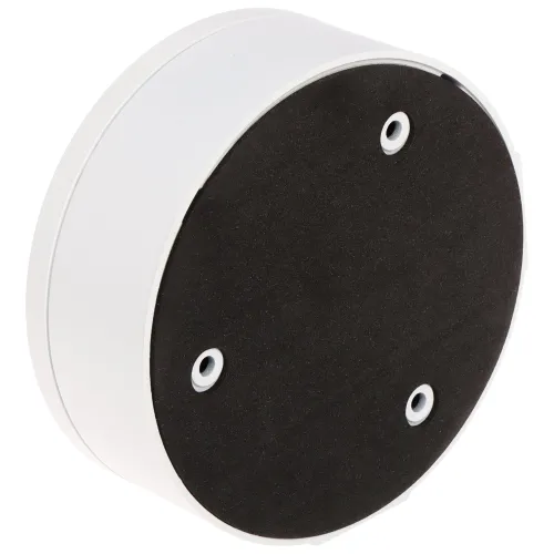 A round, white wall-mount bracket with a black base featuring three screw holes for secure installation. The design is sleek and minimalistic, suitable for various mounting needs.