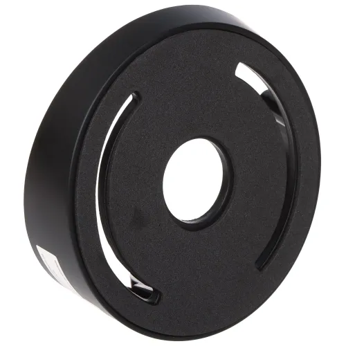 A black, circular wall mount bracket with a central hole and two elongated slots for secure attachment. The design is sleek and minimalist, suitable for various mounting applications.