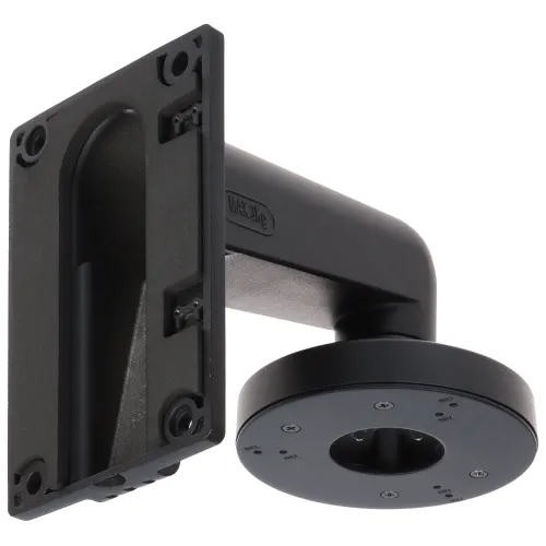 A black wall mount bracket designed for secure attachment of surveillance cameras. The bracket features a sturdy rectangular base and a circular mounting plate with multiple screw holes for easy installation.