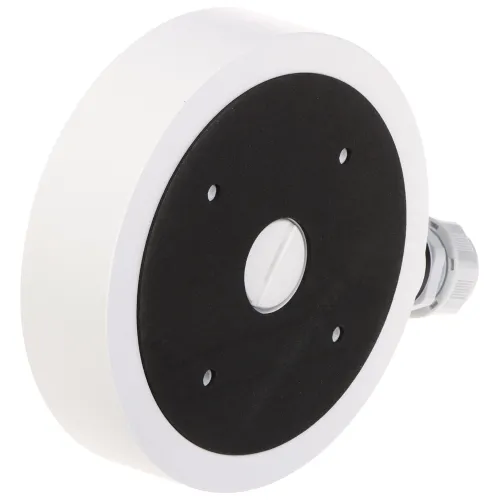 A round, white wall-mount bracket with a black center and four screw holes is shown. It features a cable entry point on the side for secure installation.