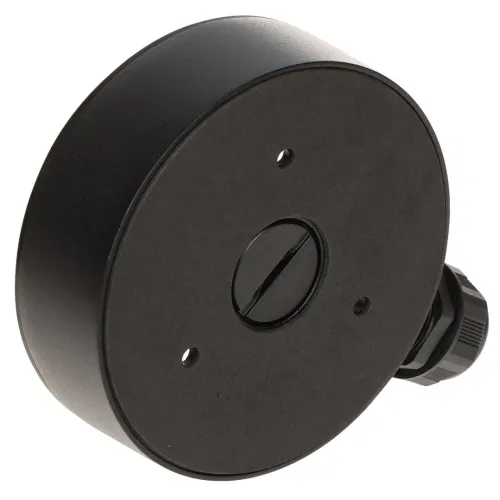A black, circular wall-mounting bracket with a smooth finish and two visible screw holes for secure attachment. The bracket features a central groove and a side connector for cable management.
