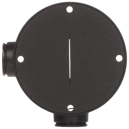 A round, black wall-mount bracket with multiple screw holes and a central slot for cable management. The design is sturdy and functional, suitable for securely attaching devices to a wall.