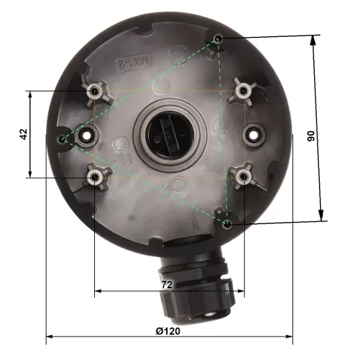 The image shows a round, black camera mounting base with multiple screw holes and a central opening for cable management. It features measurement annotations indicating dimensions for precise installation.