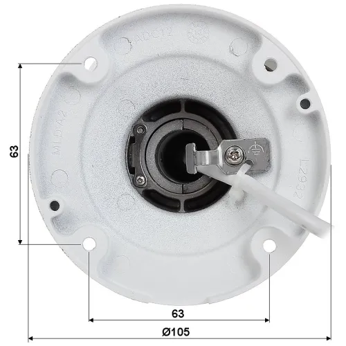The image shows a round, white camera mounting bracket with a central opening for cable management and four screw holes for secure attachment. The bracket features dimensions marked for precise installation, highlighting its compatibility with various camera models.
