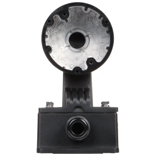 The image shows a black camera mounting bracket with a circular base and multiple screw holes for secure attachment. The bracket features a sturdy design with a central opening for cable management.