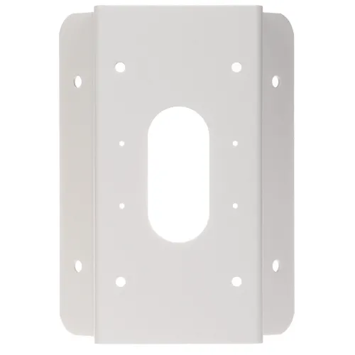 The image shows a white metal mounting bracket designed for securely attaching a camera to a flat surface. It features multiple pre-drilled holes for versatile installation options and a central oval cutout for cable management.
