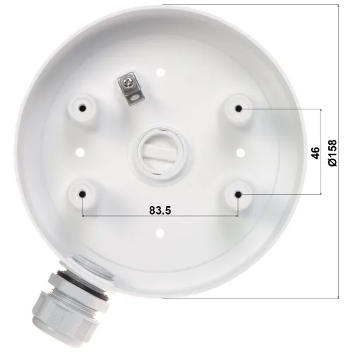 The image shows a white, circular camera mounting bracket with multiple screw holes and a cable entry point. It features measurement markings indicating dimensions for precise installation.