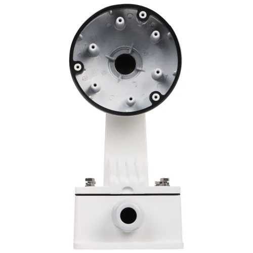 The image shows a white camera mounting bracket with a circular base featuring multiple screw holes for secure attachment. The bracket includes a cable entry point at the bottom, designed for easy installation and cable management.
