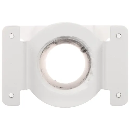 A white, circular camera mounting bracket with a central opening and four screw holes for secure attachment. The bracket is designed for easy installation on various surfaces, providing a stable base for surveillance cameras.
