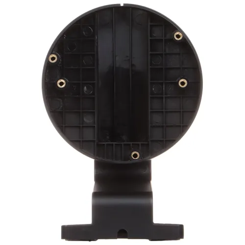 The image shows a black, circular camera mounting bracket with a grid-like pattern and multiple screw holes for secure attachment. The bracket is designed to provide stability and support for various camera models.